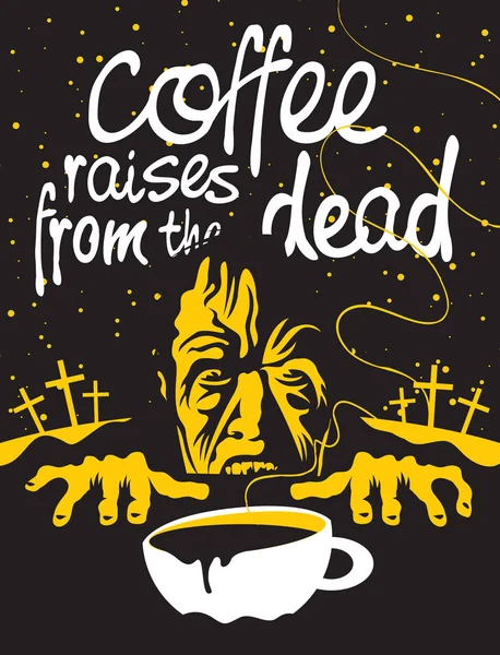 Tazza di caffè e zombie nel cimitero di notte — Vettoriale Stock