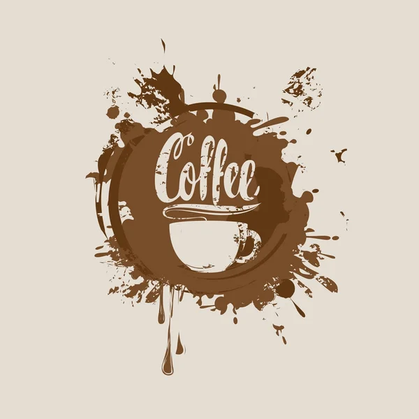 Banner de café con taza de café, manchas y salpicaduras — Vector de stock