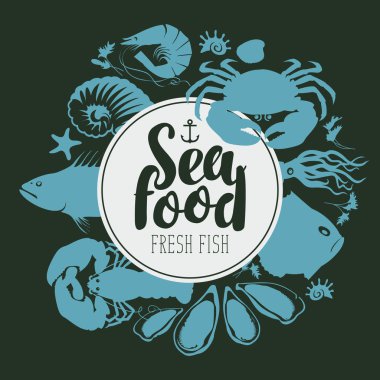 Deniz ürünleri amblemi siluetleri deniz nüfusu ile