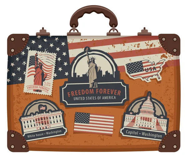 Suitcase with American symbols and monuments — Stock Vector