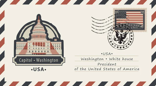 Envelope com Washington Capitol e bandeira americana —  Vetores de Stock