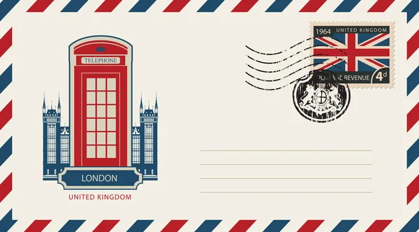 Envelope with London telephone booth and uk flag — Stock Vector