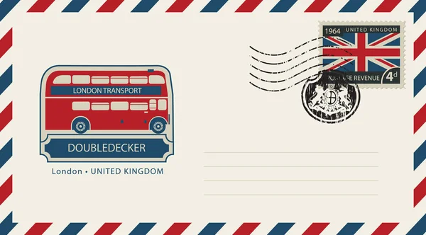 Umschlag mit Doppeldecker aus London und Flagge von Großbritannien — Stockvektor