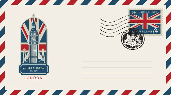 Envelope with London Big Ben and flag of uk — Stock Vector