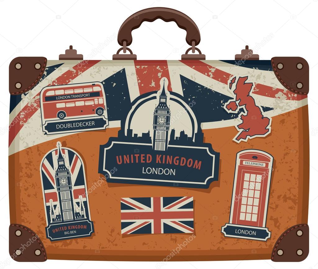 suitcase with British symbols, monuments and flag
