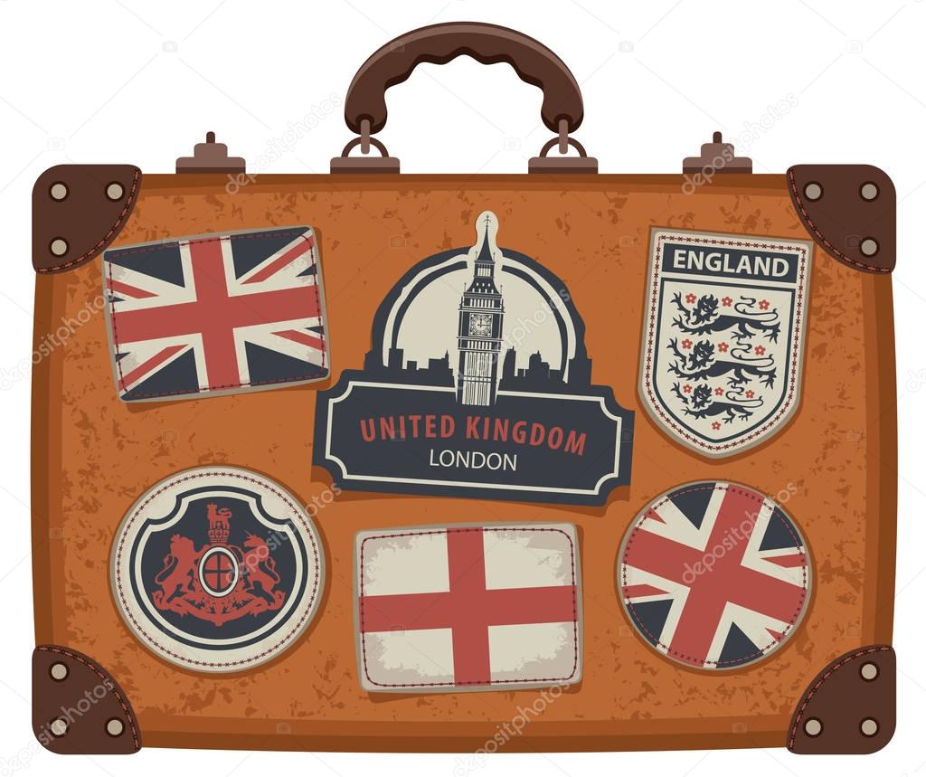 suitcase with UK and English symbols and flags
