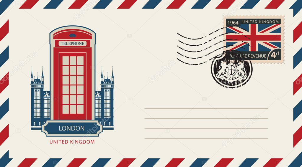 envelope with London telephone booth and uk flag