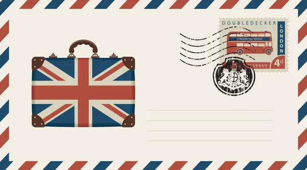 Sobre con maleta en colores de bandera británica — Vector de stock