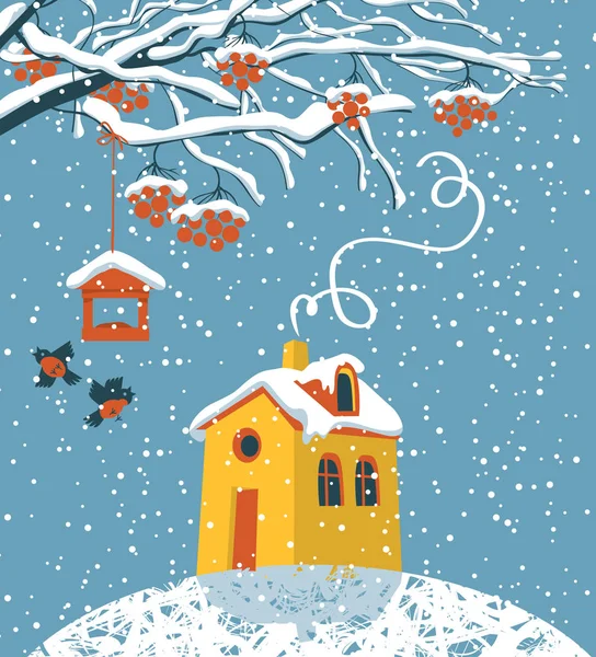 Winter landscape with snow-covered house and tree — Stock Vector