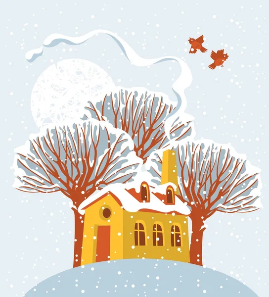 Winter landscape with snow-covered house and tree — Stock Vector