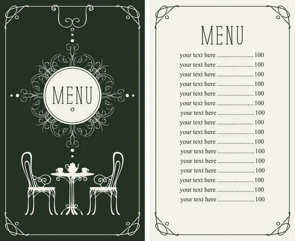 Meny med pris, bild av serveras bord och stolar — Stock vektor