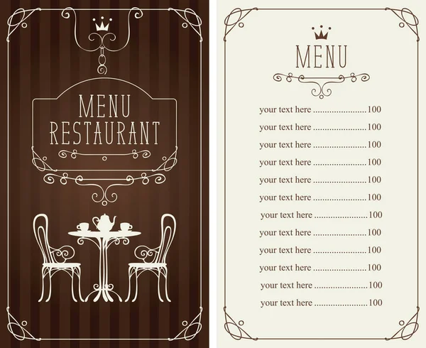 Menu avec prix, image de table et chaises servies — Image vectorielle