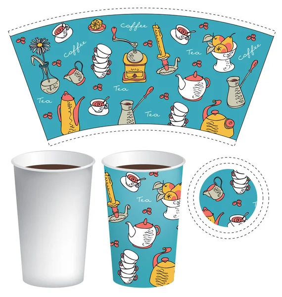 Paper cup for hot drink with coffee doodles — Stock Vector