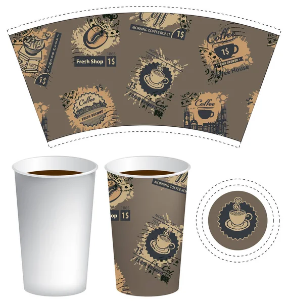 Taza de papel para bebida caliente con sellos postales — Vector de stock