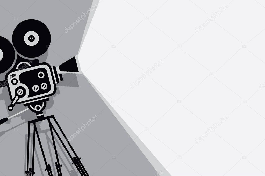 black and white backdrop with vintage movie camera
