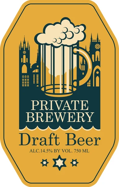 Označení pro pivo s pivní sklo a staré město — Stockový vektor