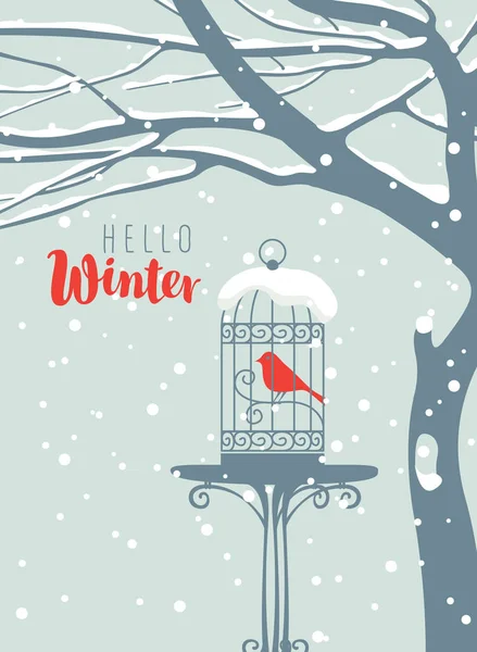 雪のツリーの下でケージの中の鳥と冬のバナー — ストックベクタ