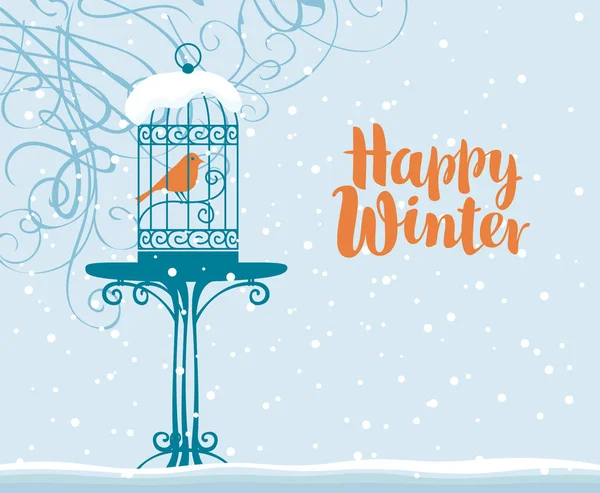 Winter banner with bird in cage under branches — Stock Vector