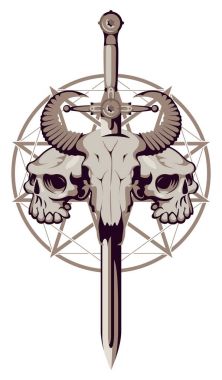 amblem kafatasları, kılıç ve pentagram ile