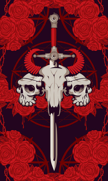emblem with skulls, sword, roses and pentagram