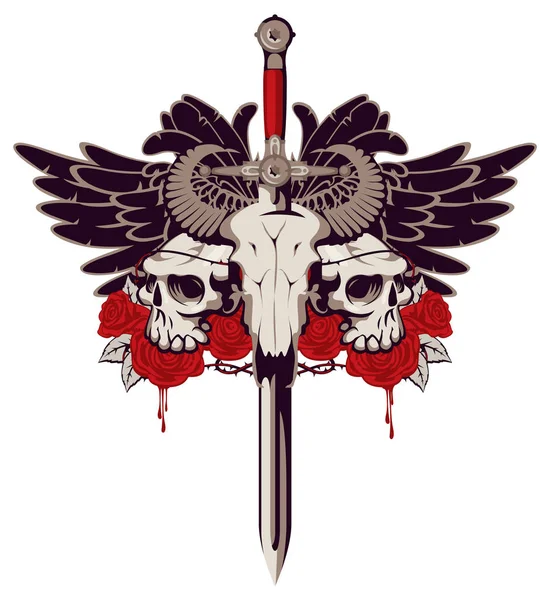 Emblema con teschi, spada, rose e ali — Vettoriale Stock