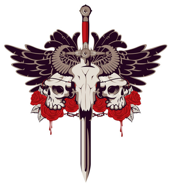 emblem with skulls, sword, roses and wings