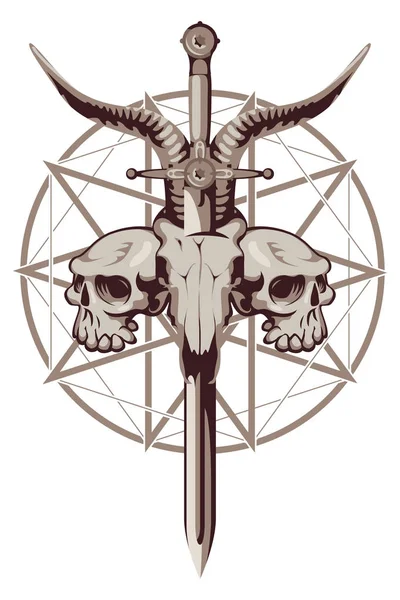 Emblema com crânios, espada e pentagrama — Vetor de Stock