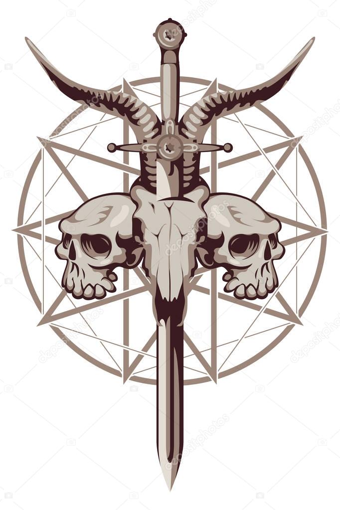 emblem with skulls, sword and pentagram
