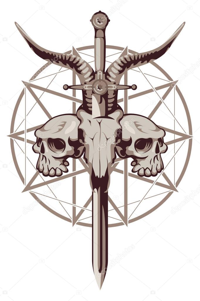 Vector emblem with a skull of a goat pierced by a sword and two human skulls on the background of a pentagram