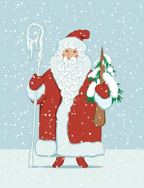 Père Noël avec bâton magique et arbre de Noël — Image vectorielle