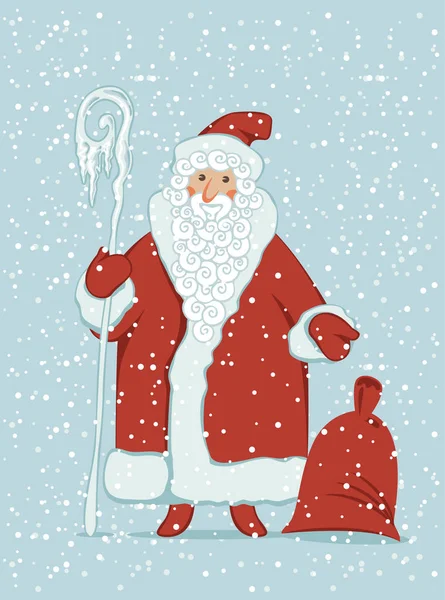 Cartoon Santa Claus met magische personeel en gift bag — Stockvector