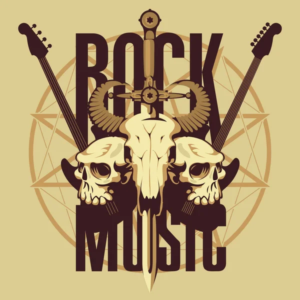 Emblema com crânios, espada, guitarras e pentagrama — Vetor de Stock