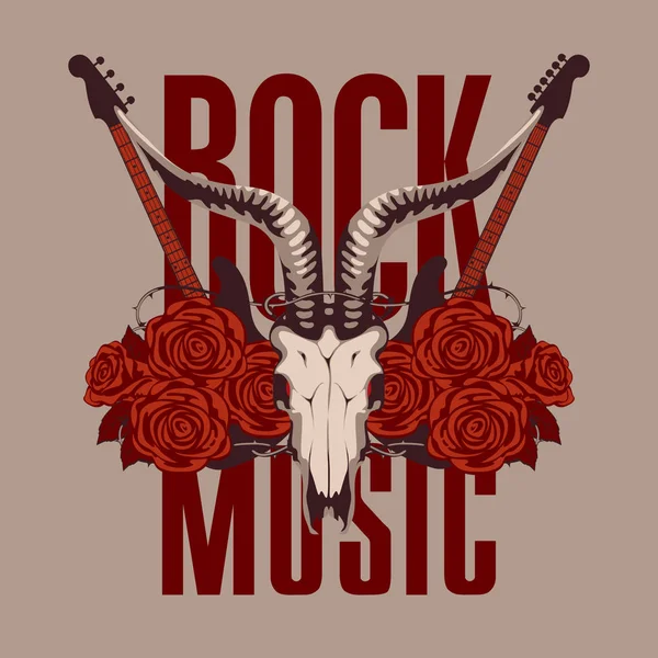 Banner de música con guitarra eléctrica, rosas y cráneo — Vector de stock