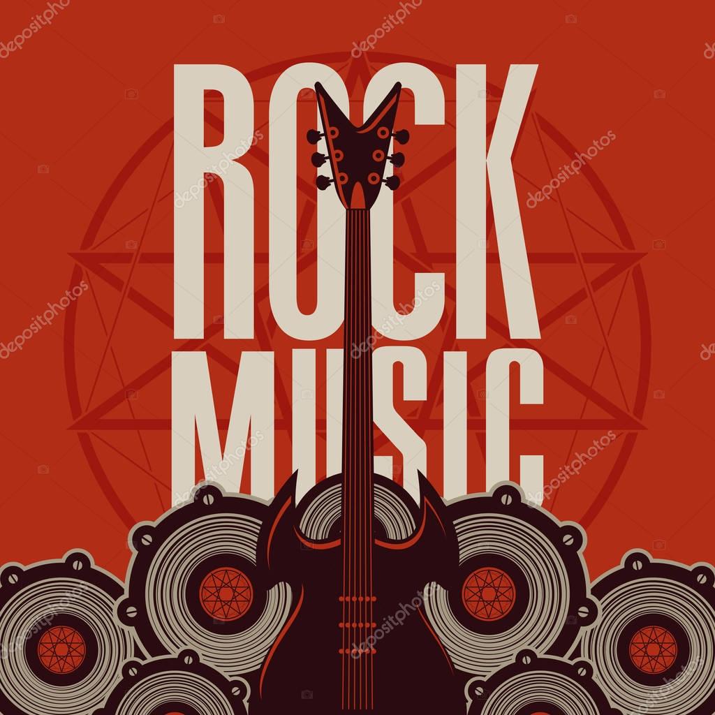 Vector banner with words Rock music, electric guitar and audio speakers on the background of pentagram
