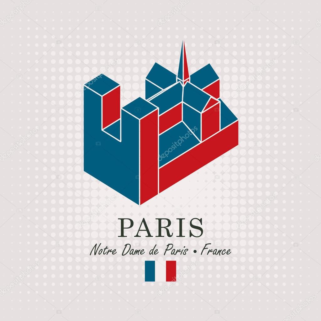 Vector travel banner. Schematic drawing of the notre dame de paris with the inscription and the French flag on abstract background