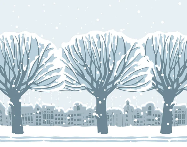 Paysage hivernal avec des arbres enneigés en ville — Image vectorielle