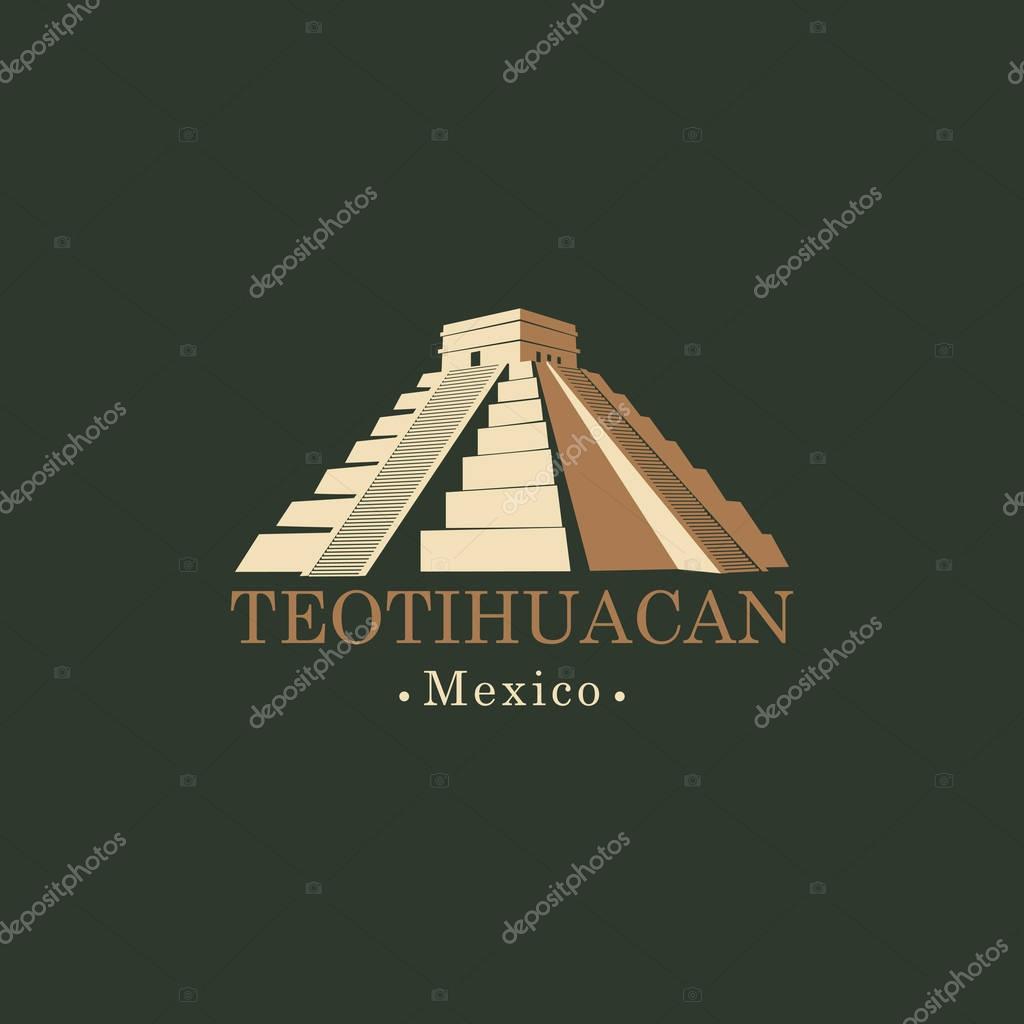 Vector travel banner or logo. The teotihuacan pyramids in Mexico, North America. Ancient stepped pyramids with temples on top. Mesoamerican architectural landmark