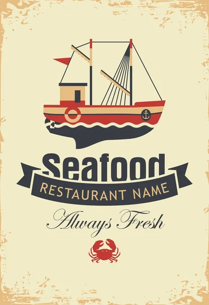 Banner for seafood with fishing boat and crab — Stock Vector