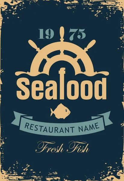 Banner for seafood restaurant with wheel and fish — Stock Vector