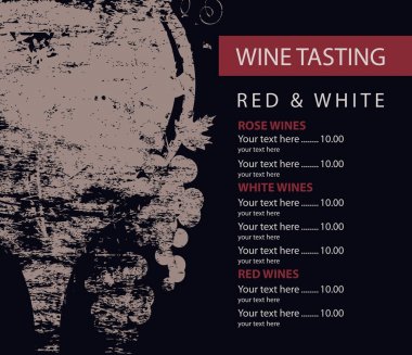 şarap tatma menüsü cam ve üzüm desenli