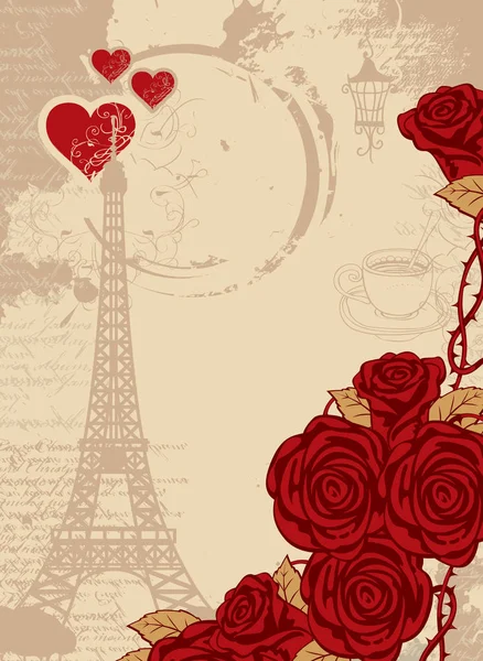 Sfondo con la Torre Eiffel, cuore e rose — Vettoriale Stock