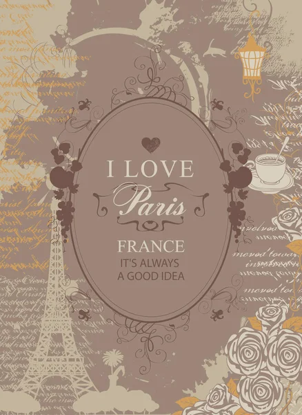 Travel banner with Eiffel Tower, hearts and roses — Stock Vector