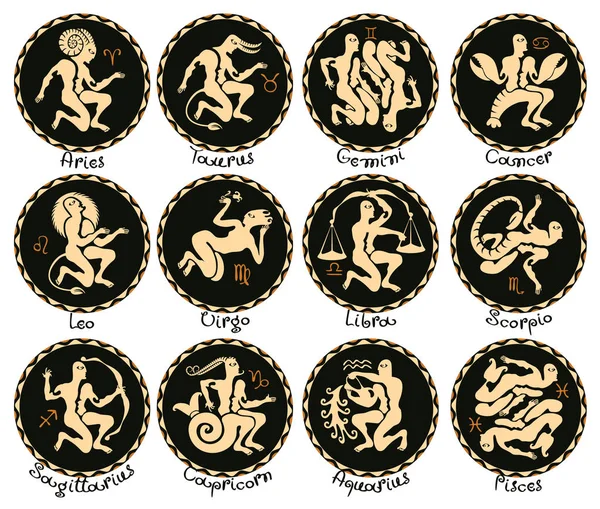 Dwanaście znaków zodiaku w stylu antycznym — Wektor stockowy
