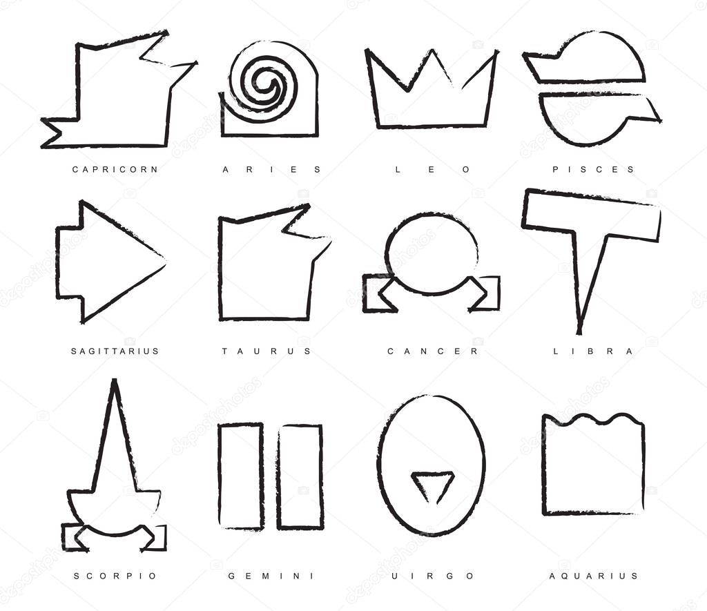 Vector set of twelve signs of the zodiac in a primitive style. Black and white icons for astrological horoscopes. Contour drawings