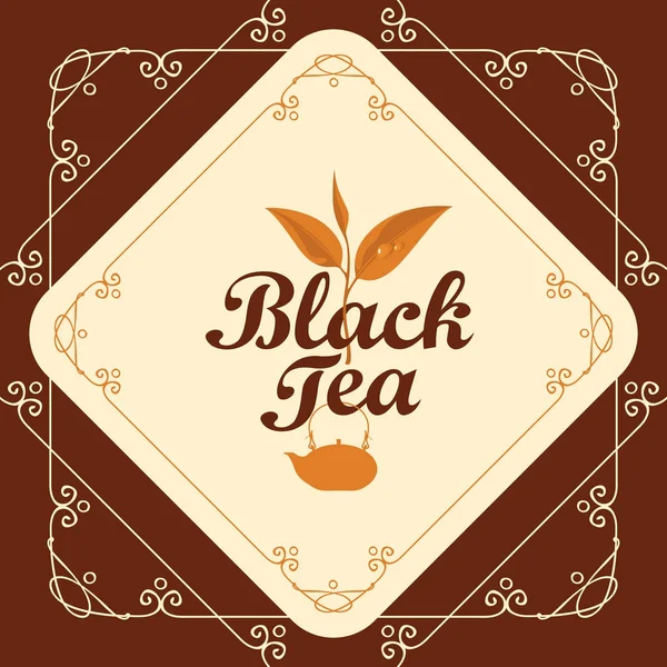 Label for black tea with sprig of tea and teapot — Stock Vector