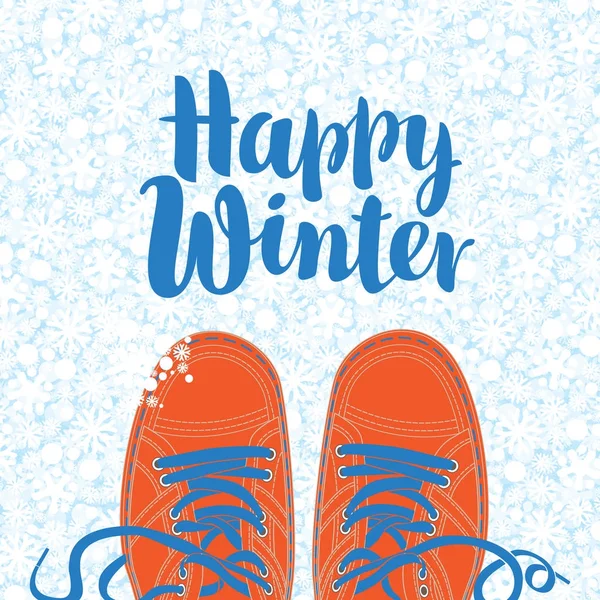Winter banner with shoes on the snowy background — Stock Vector