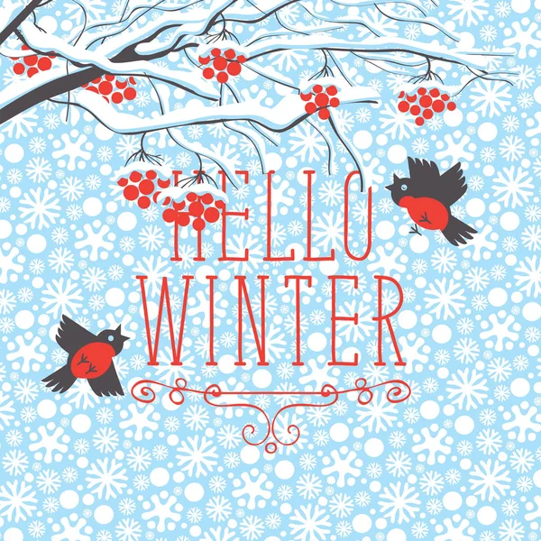 Zimní krajina s sněhem pokrytých Rowan a ptáci — Stockový vektor