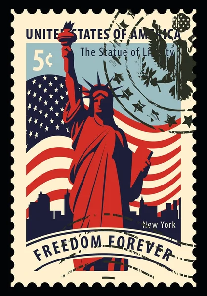 Statue de la Liberté en arrière-plan de nyc et drapeau — Image vectorielle