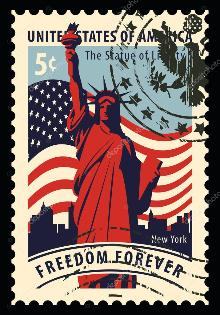 Postage stamp with statue of Liberty in background of american flag and New York skyscrapers. Vector illustration of a 5-cent USA stamp with a rubber stamp and words freedom forever.