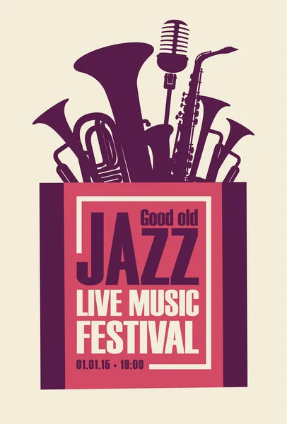 Festival jazz poster con strumenti a fiato e microfono — Vettoriale Stock